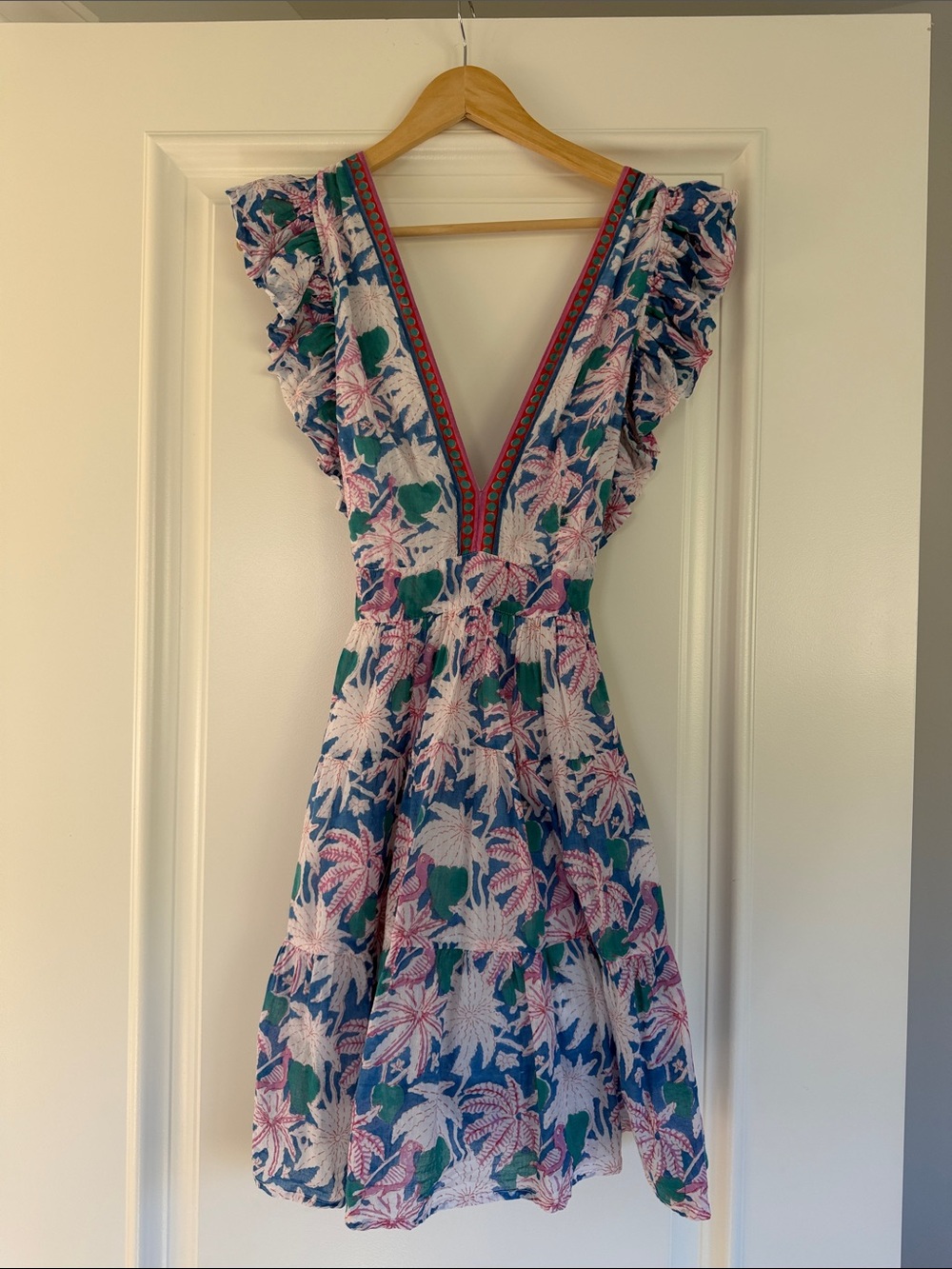 Oliphant Blue Floral V-Neck Ruffle Sleeve Dress